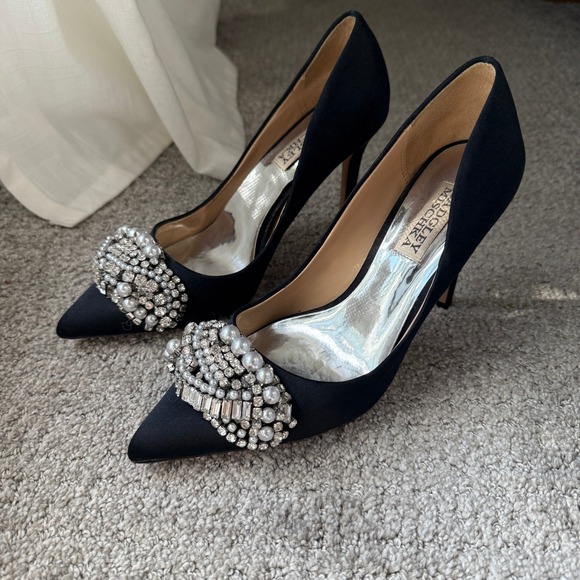 Badgley Mischka Shoes - Badgley Mischka Olga Black Satin Embellished Pointed Toe Pumps Heels Size 6